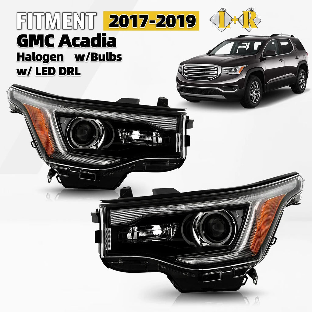 Set of 2 LED DRL Black Halogen Headlights for GMC Acadia (2017–2019)