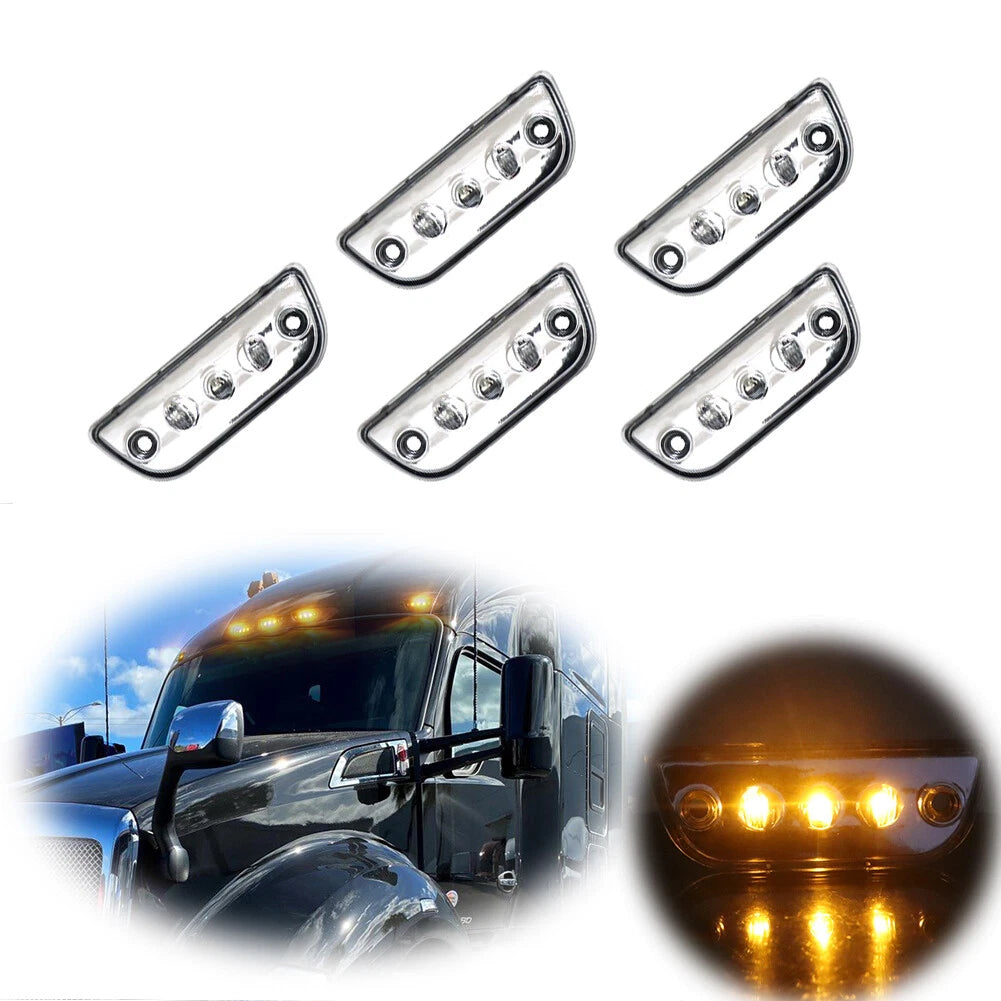 Set of 5 Clear Chrome Lens Amber LED Roof Clearance Marker Lights for Kenworth T680