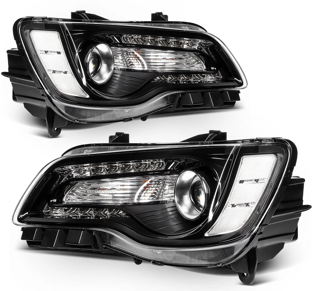 Set of 2 Black Halogen Headlights for Chrysler 300 (2015–2023)