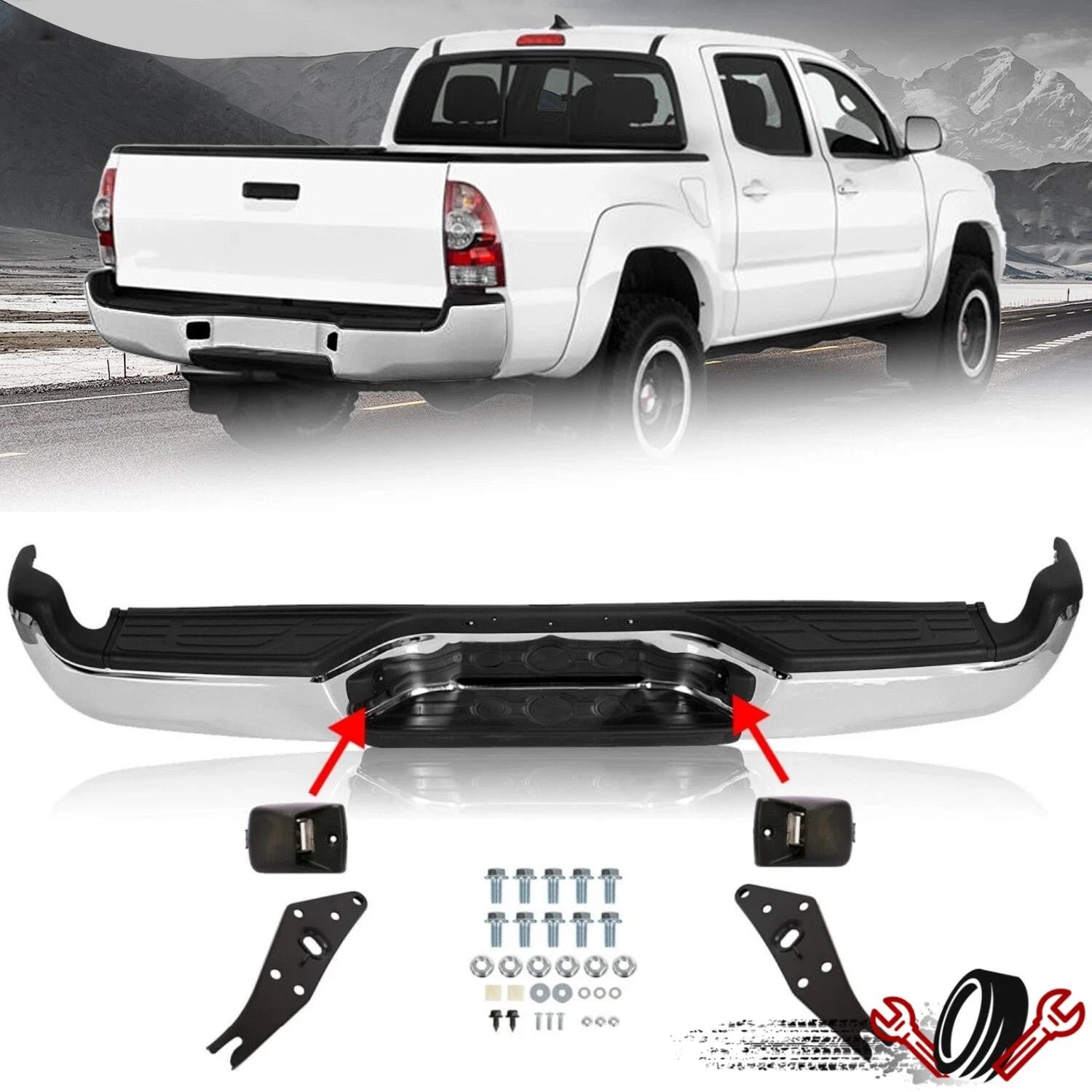 Chrome Steel Rear Bumper Assembly with Lights for Toyota Tacoma (2005–2015)