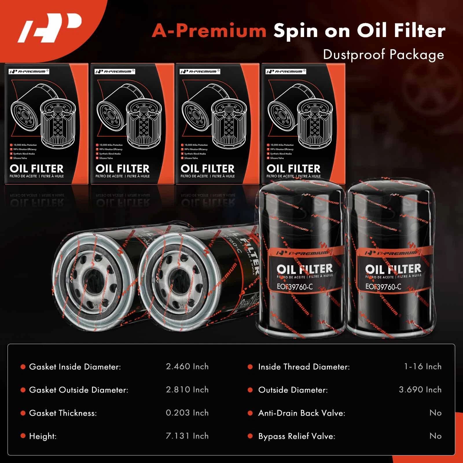 Set of 4 Engine Oil Filters for Ford F-600 (1992–1994) Ram 2500 3500 (2011–2023)