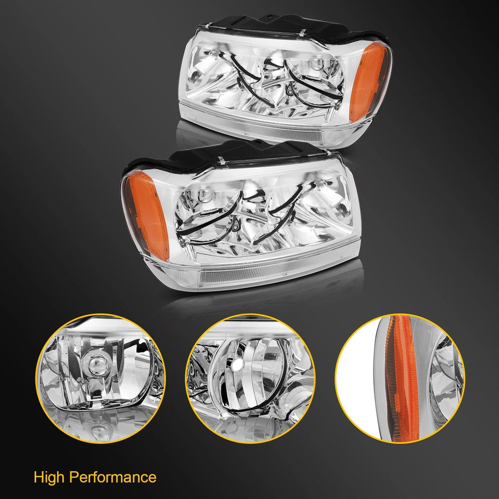 2X Headlight Assembly for Jeep Grand Cherokee (1999–2004) Chrome Housing