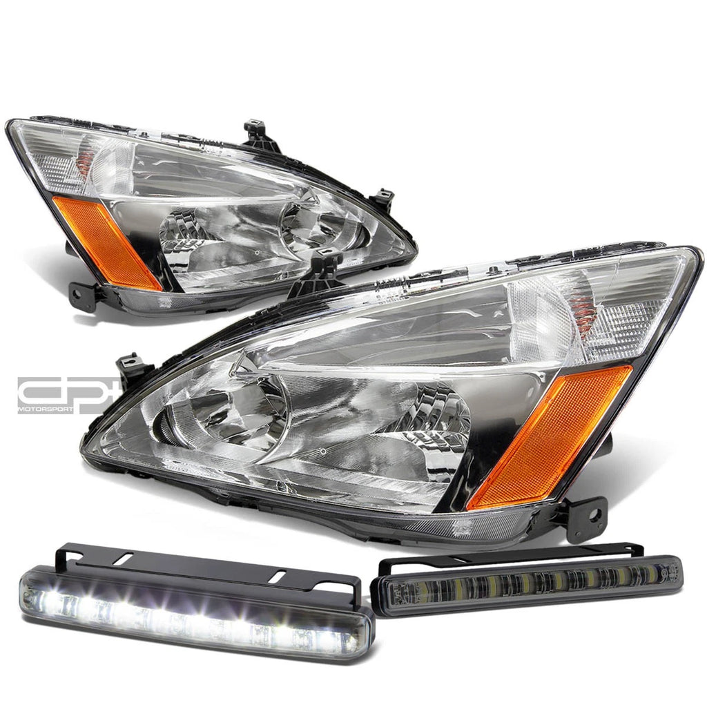 Chrome Housing Headlights + Amber Corners + Smoked LED Fog Light Kit for Honda Accord (2003–2007)