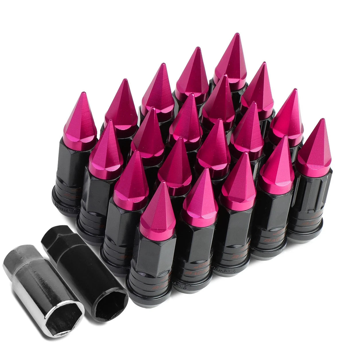 Set of 4 Spiked Steel Pink Rim Lugs + 4 Lock Nuts + Adapter M12x1.5