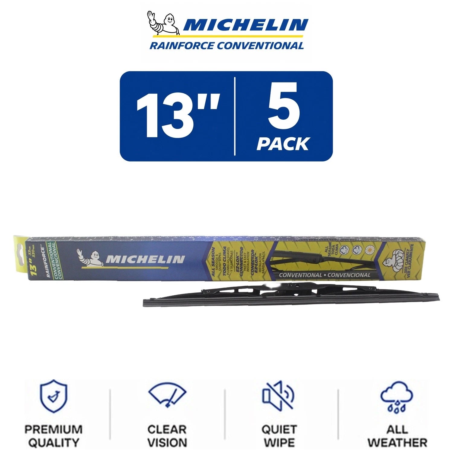 Set of 5 Michelin RainForce Wiper Blades 13" for Universal Fit (All-Season)
