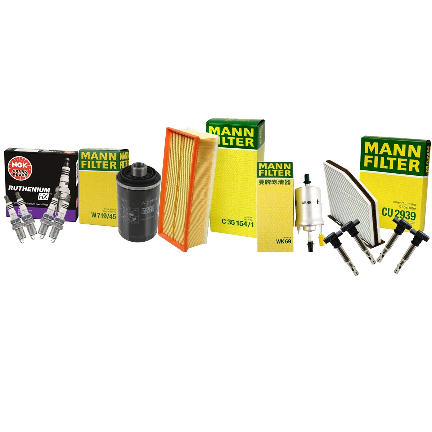Tune-Up Kit: 4 Mann Filters, 4 Denso Coils, 4 NGK Ruthenium HX for Audi VW