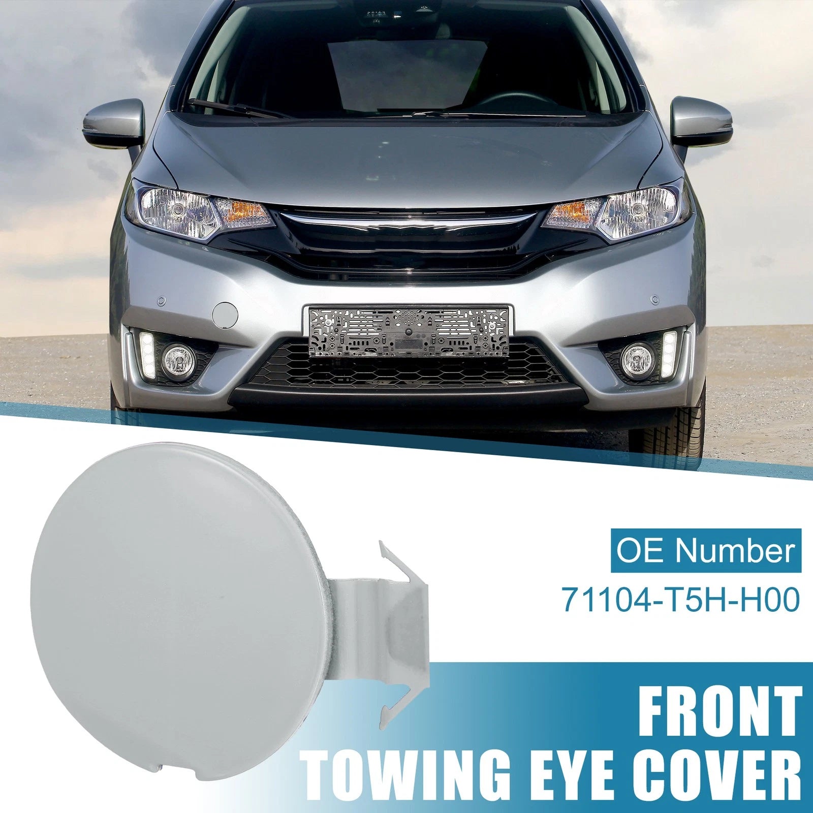 Front Bumper Tow Hook Cover 71104-T5H-H00 for Honda Fit Jazz (2014–2017) Silver Tone