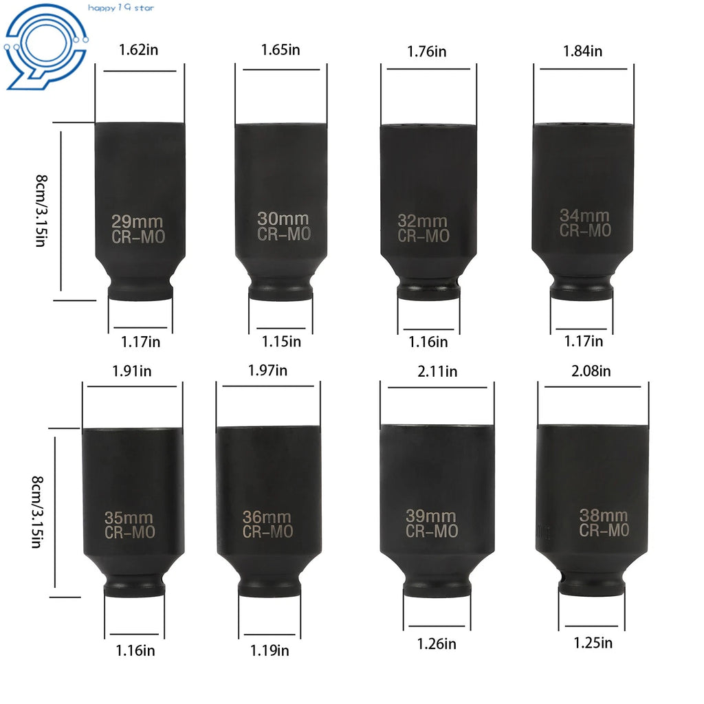Set of 8 Deep Impact Sockets for Automotive (1" to 1-1/2")