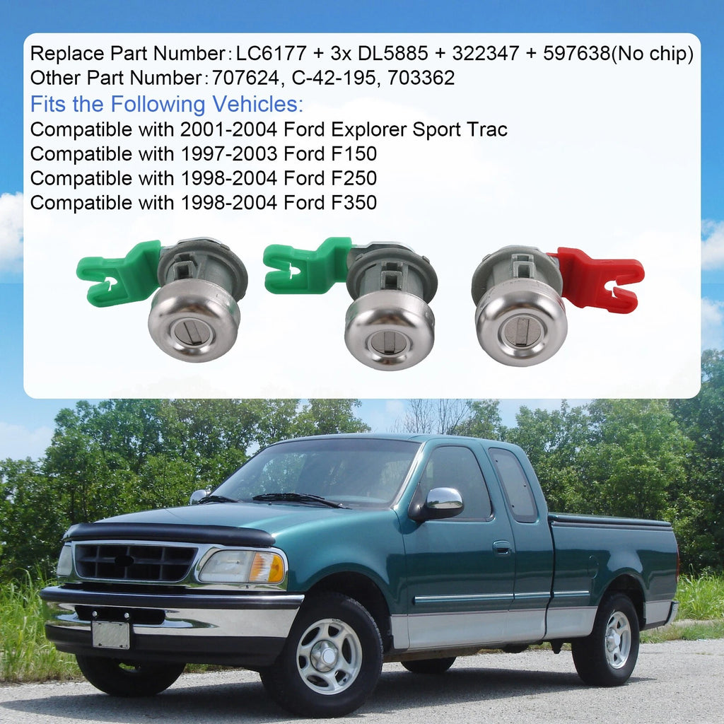 Ignition Switch Lock Cylinder Set with 3 Door Lock Cylinders for Ford