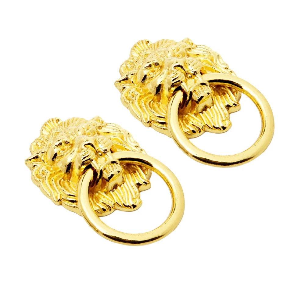 2Pcs Antique Golden Lion Head Door Pull Handle for Cabinet Drawer