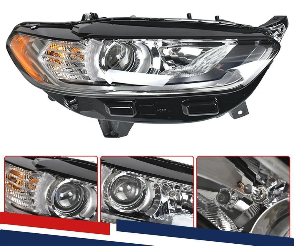 Right Passenger Side Halogen Headlight for Ford Fusion (2013–2016) Chrome w/ Bulbs
