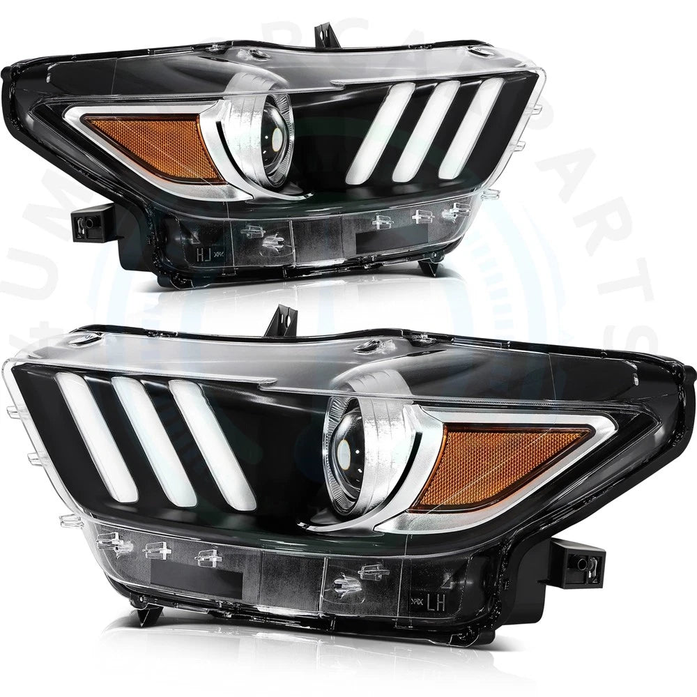 2x Black Headlight Assembly for Ford Mustang (2015–2020)
