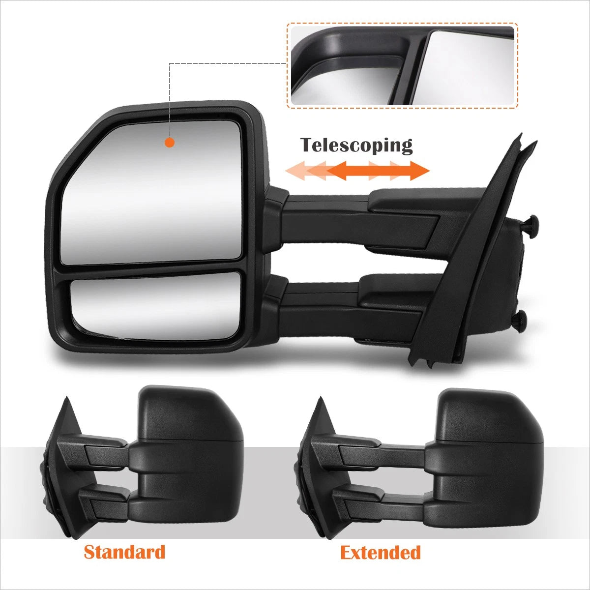 Set of 2 Towing Mirrors for Ford F150 Pickup (2015–2018) - Manual Foldable Black