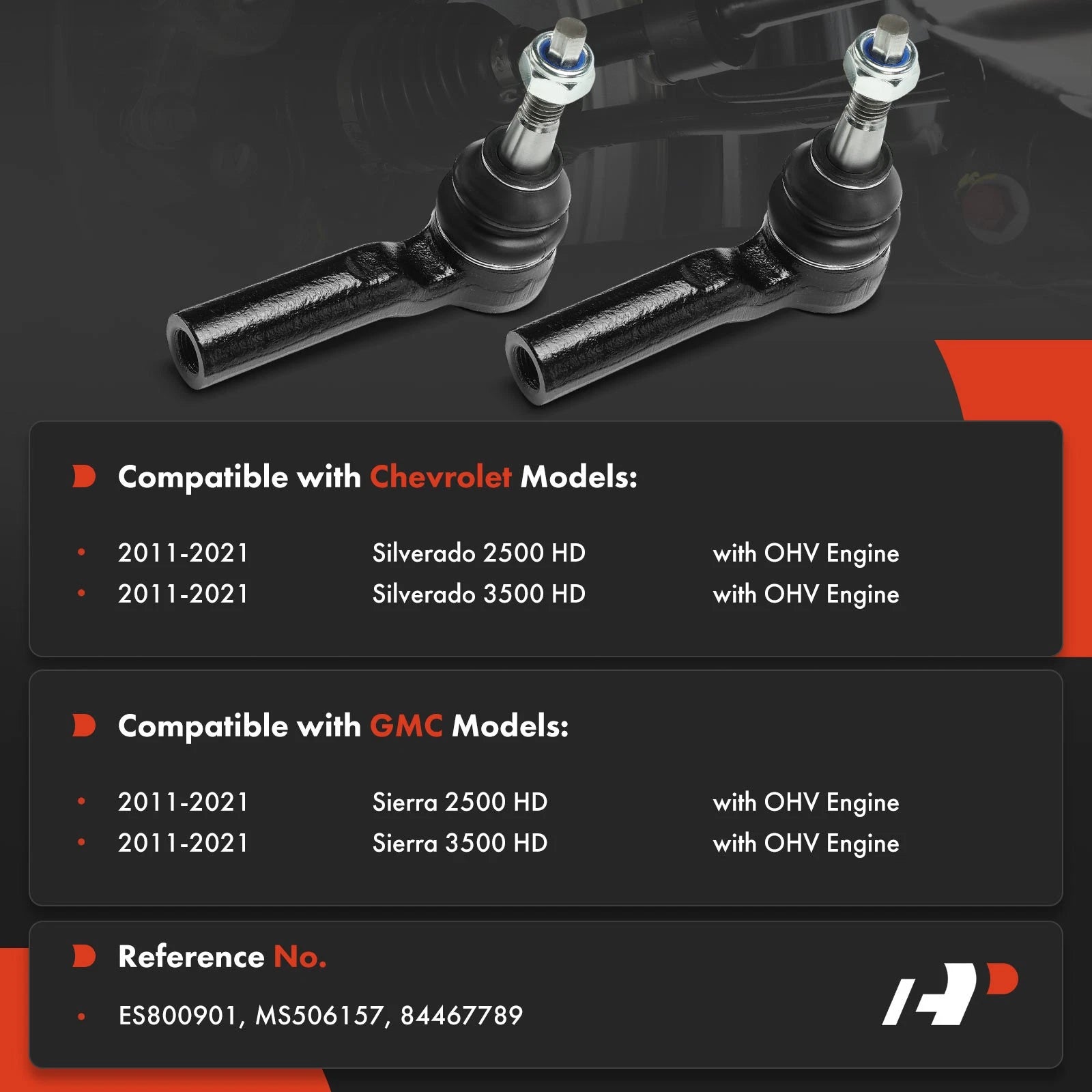 2X Front Outer Side Tie Rod Ends for Chevy Silverado 2500 HD (2011-2021)