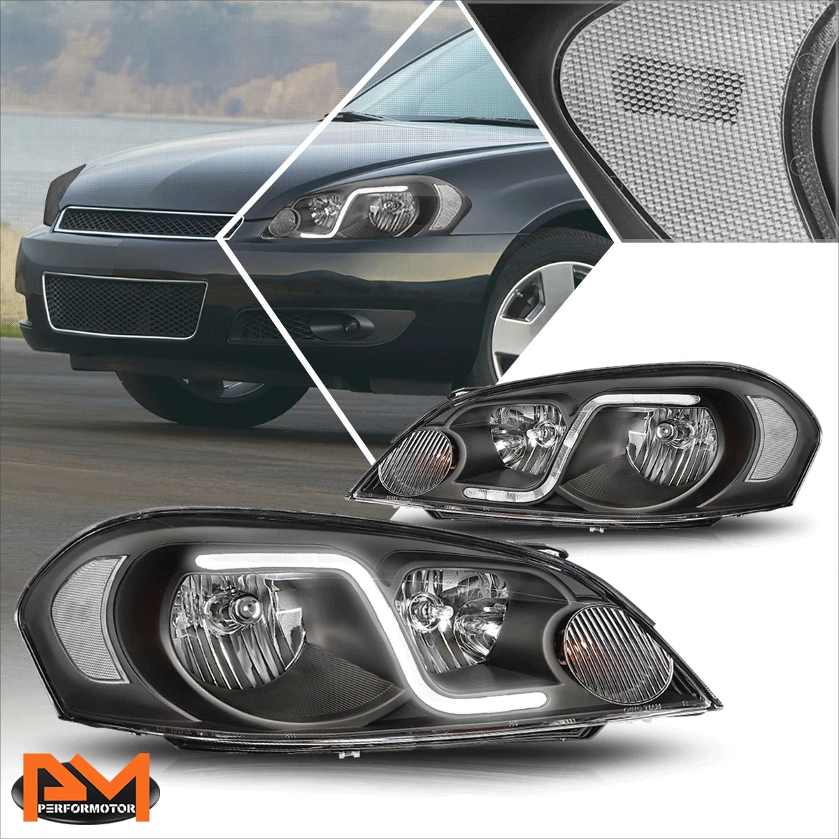Headlight with LED DRL for Chevy Impala (2006–2016) - Black Housing, Clear Corner