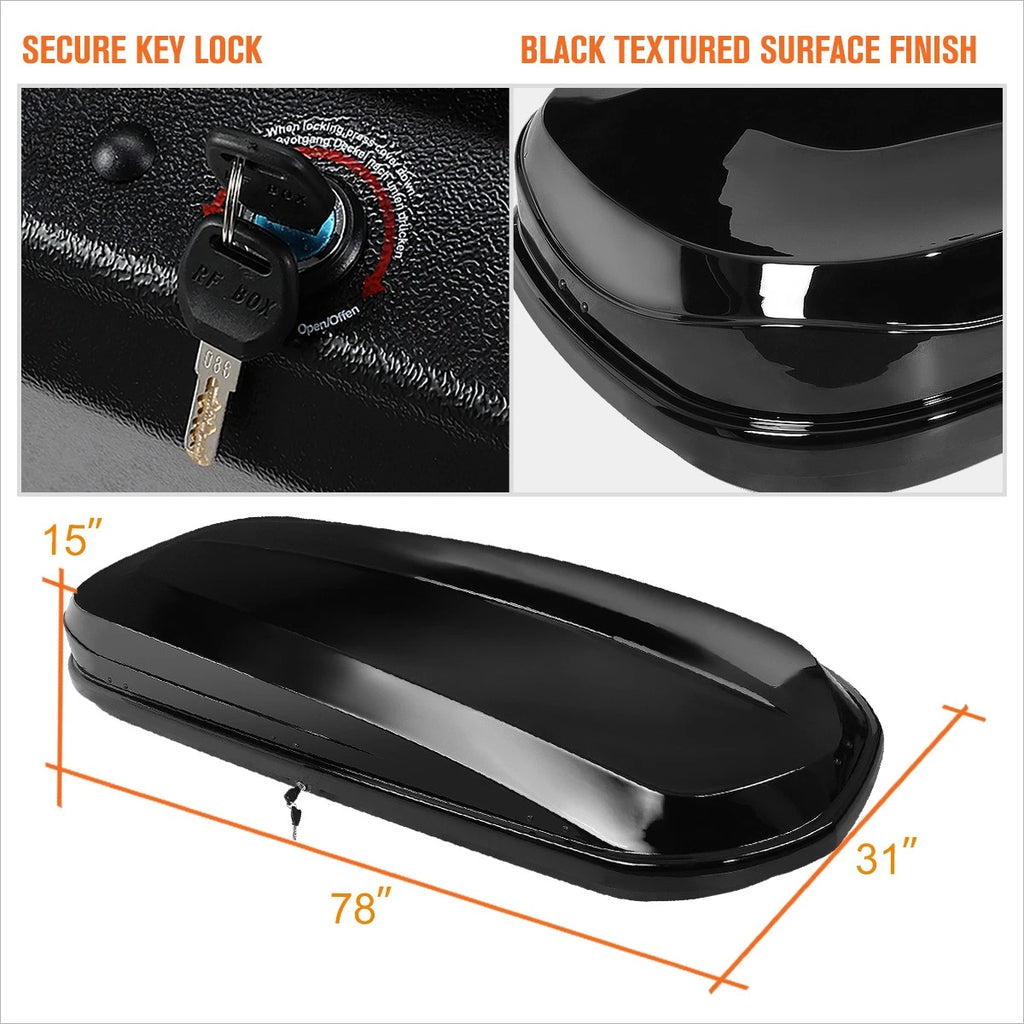 Cargo Roof Top Mounted Storage Box with Lock & Brackets for Universal Fit (78"L x 31"W x 15"H)