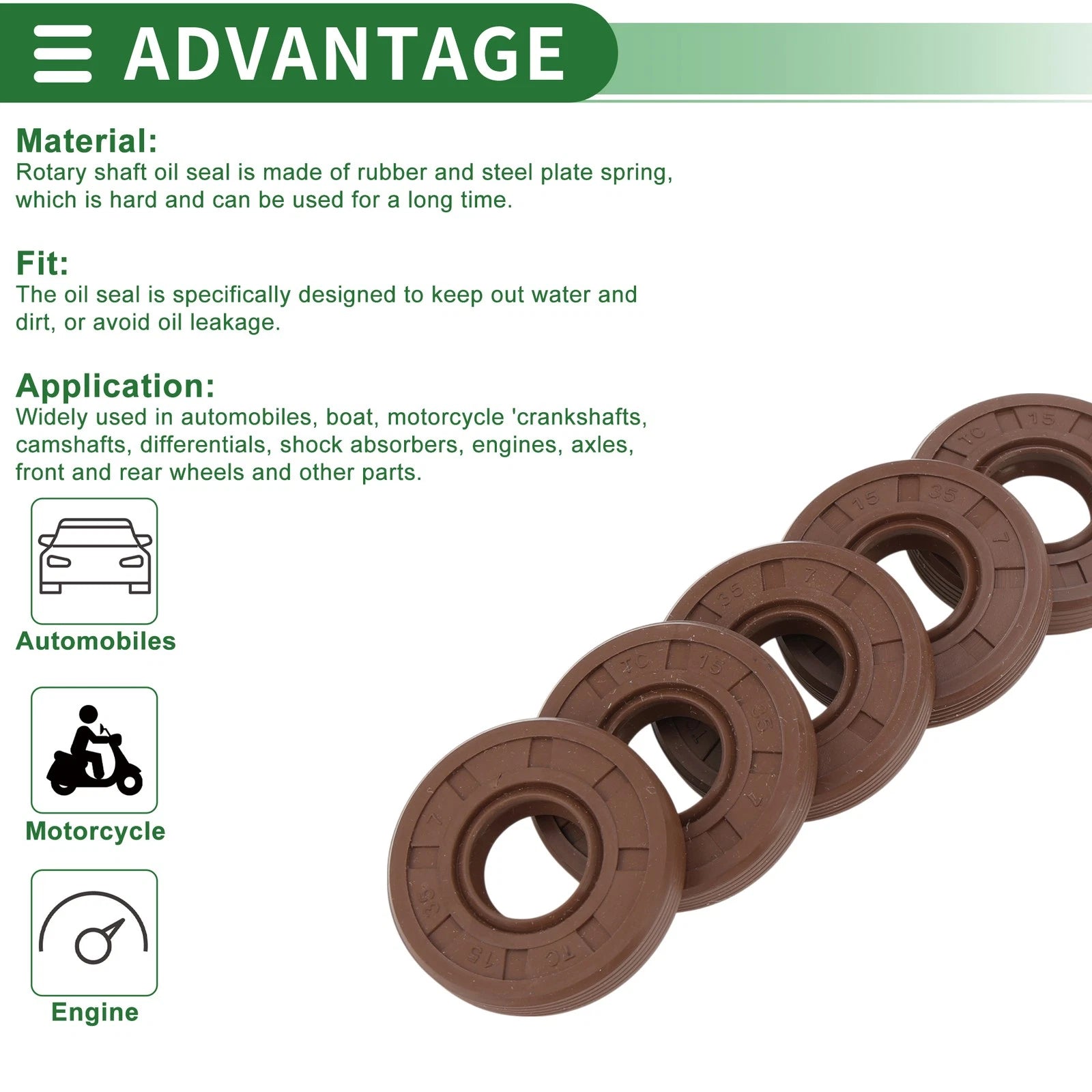 Set of 5 Oil Seals FKM Rubber 15x35x7mm for Various Models 