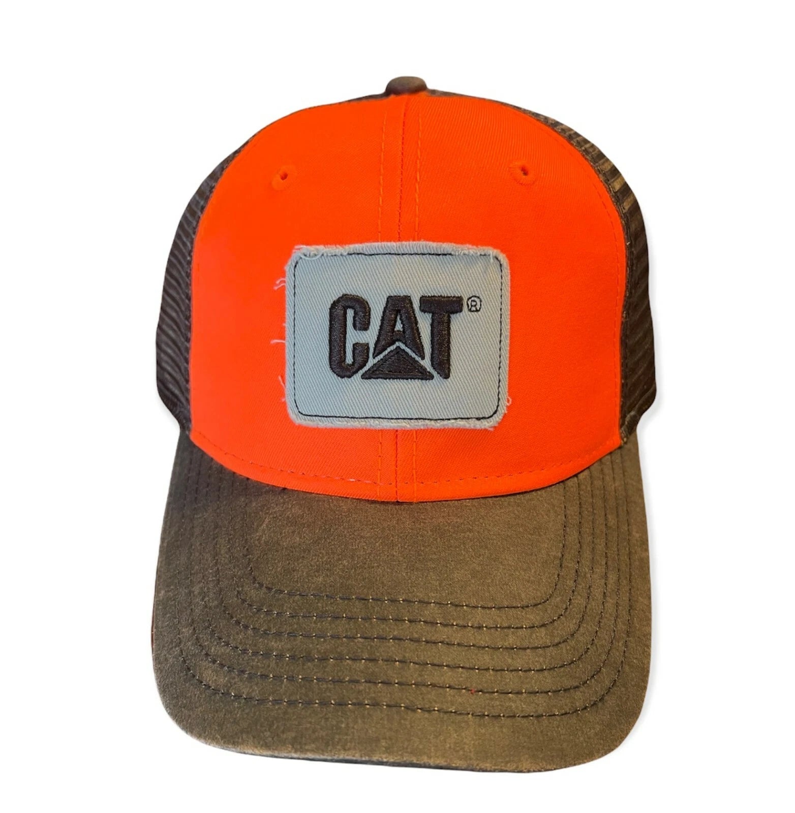 Caterpillar Blaze Hunter Safety Orange Trucker Cap with Frayed Patch