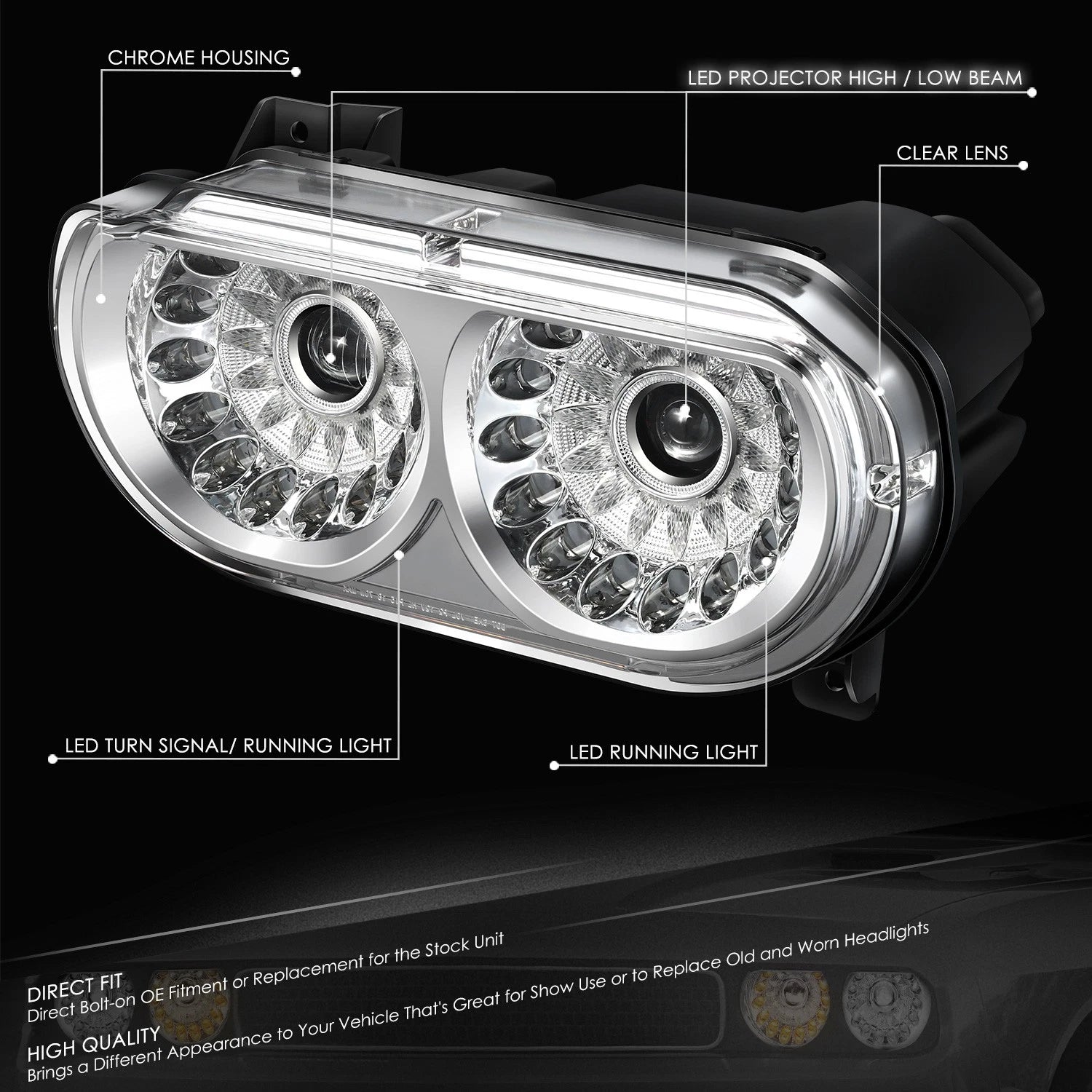 Chrome Housing Amber Corner LED Projector Headlights for Dodge Challenger (2008–2014)