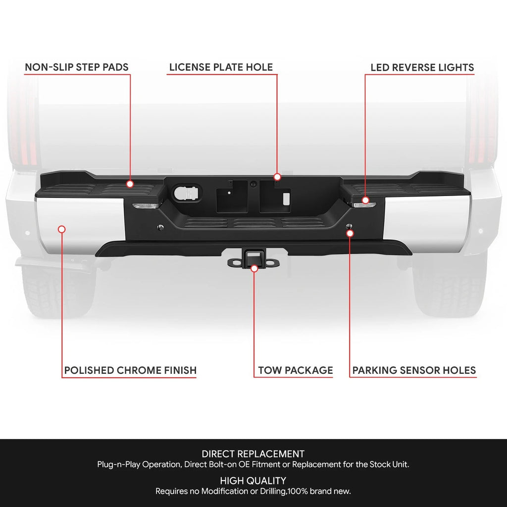 Chrome Rear Step Bumper for Toyota Tundra (2022–2026) w/ Sensor Holes & LED Lamp