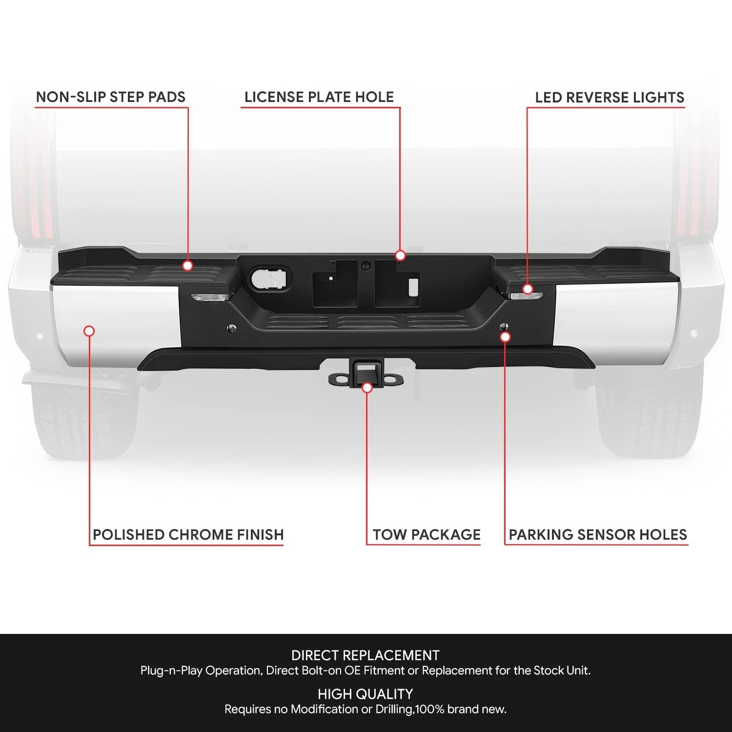 Chrome Rear Step Bumper for Toyota Tundra (2022–2026) w/ Sensor Holes & LED Lamp