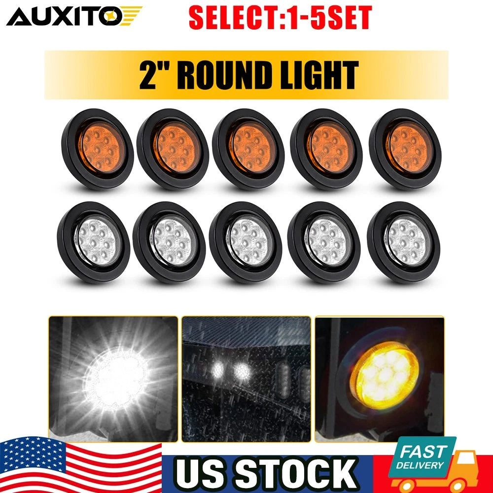 2" White Amber Round LED Marker Lights w/ Grommet for Truck RV (10-50X)