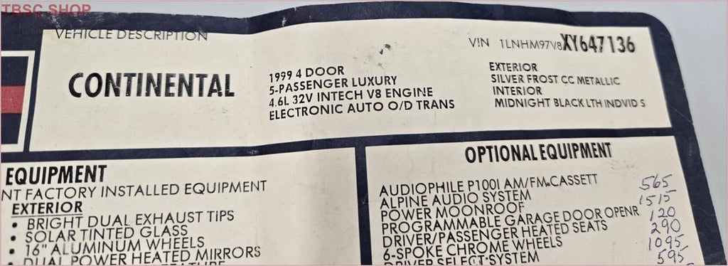 Dealer Sticker for Lincoln Continental (1999)