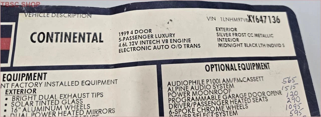 Dealer Sticker for Lincoln Continental (1999)
