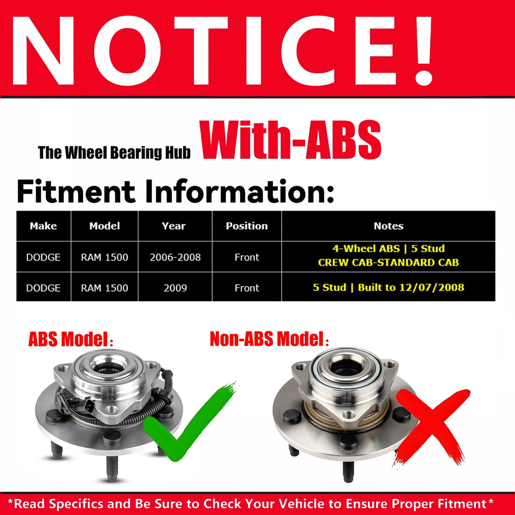 Pair Front Wheel Hub Bearings for Dodge Ram 1500 (2006–2009) W/ ABS 5Lug