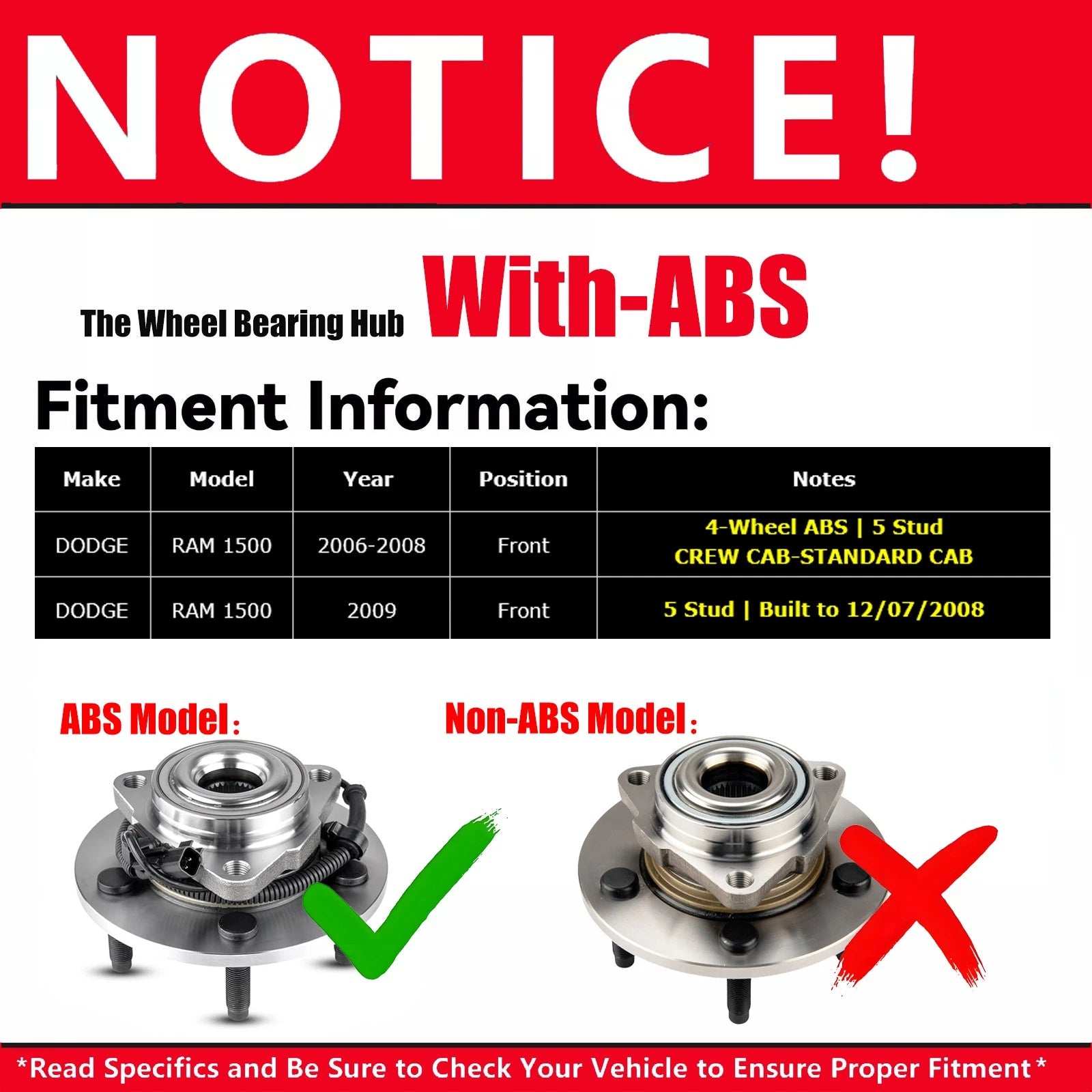 Pair Front Wheel Hub Bearings for Dodge Ram 1500 (2006–2009) W/ ABS 5Lug