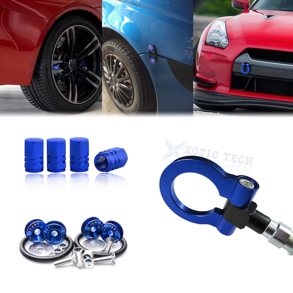 Blue Towing Hook + Tire Valve Caps & Release Fasteners for Infiniti Q50 (2014–2018)