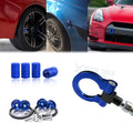 Blue Towing Hook + Tire Valve Caps & Release Fasteners for Infiniti Q50 (2014–2018)