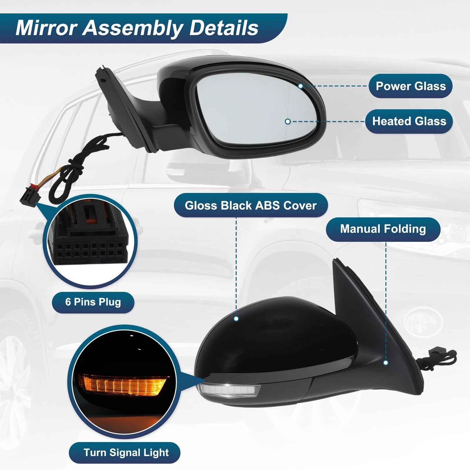 Right Side Mirror Assembly for Volkswagen Tiguan (2009–2018) w/ Turn Signal 1321131