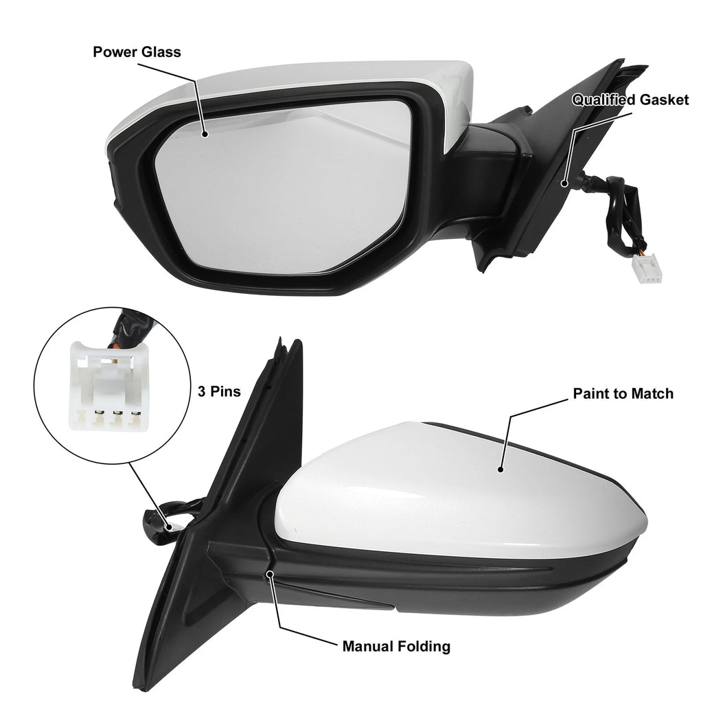 3 Pin Left Side Exterior Door Mirror Assembly White for Honda Civic (2016–2021) 767153118074