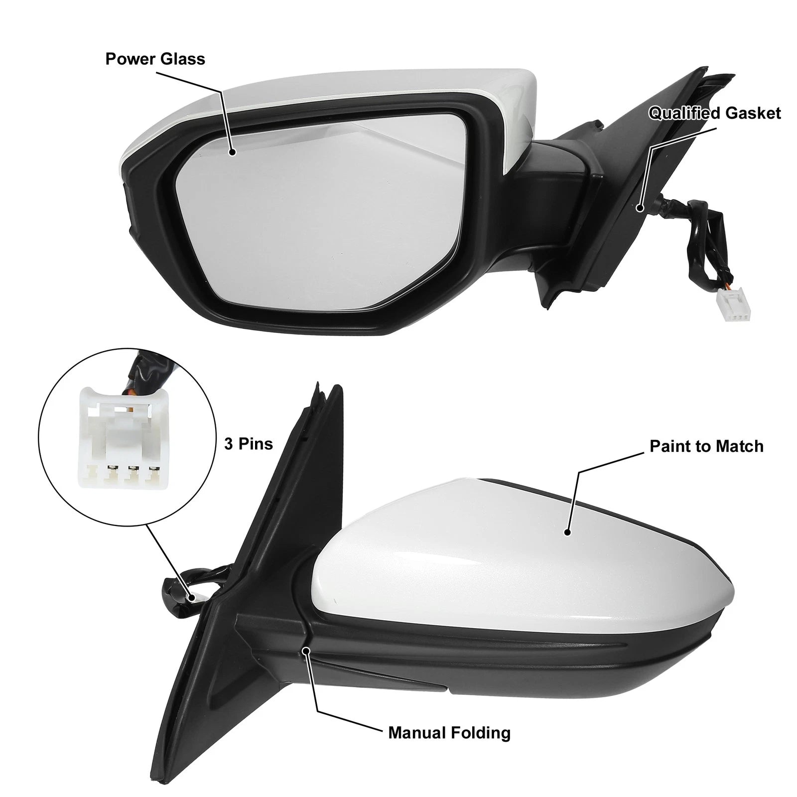 3 Pin Left Side Exterior Door Mirror Assembly White for Honda Civic (2016–2021) 767153118074