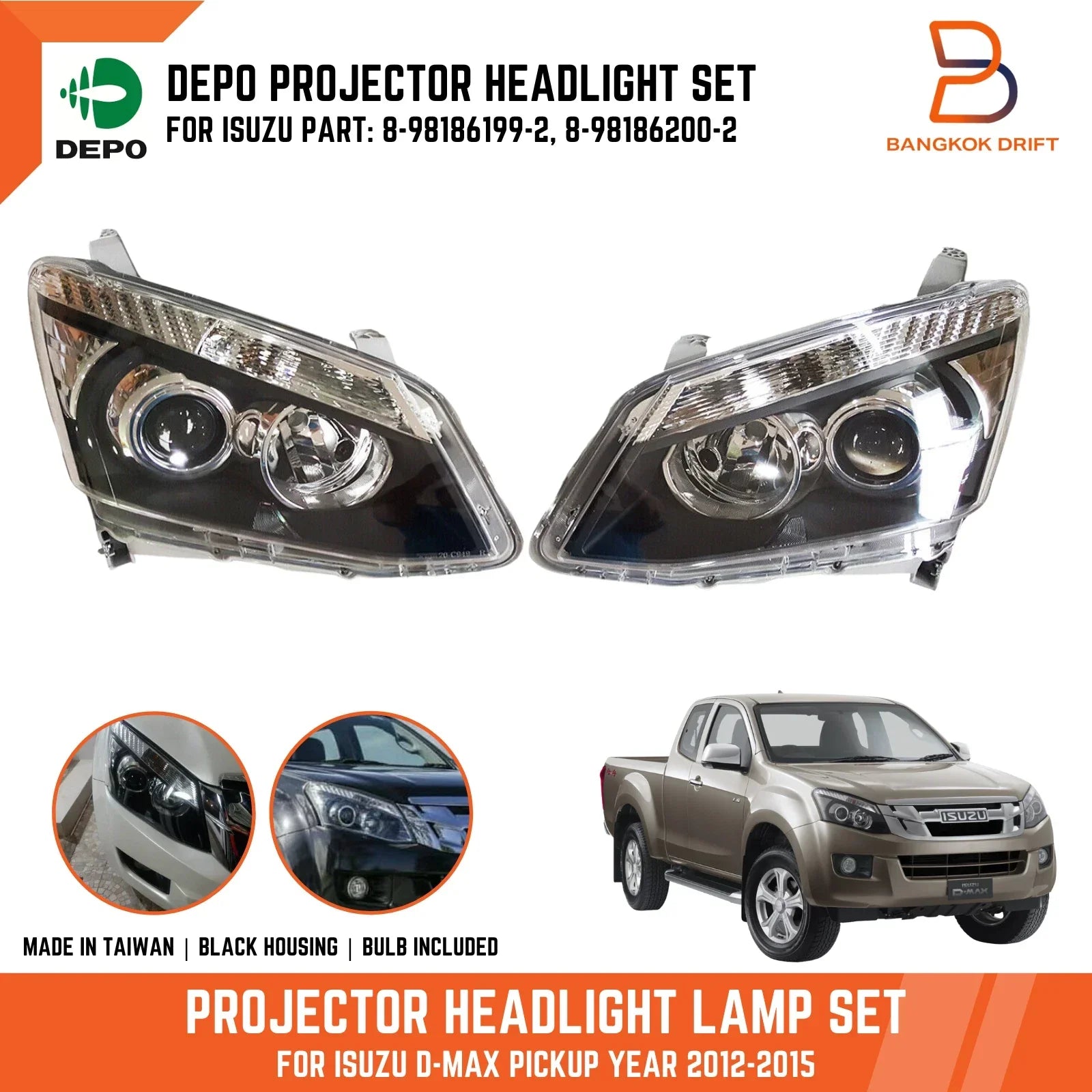 Black Projector Headlights for Isuzu D-Max Pickup (2012-2015) -  H11 HB3