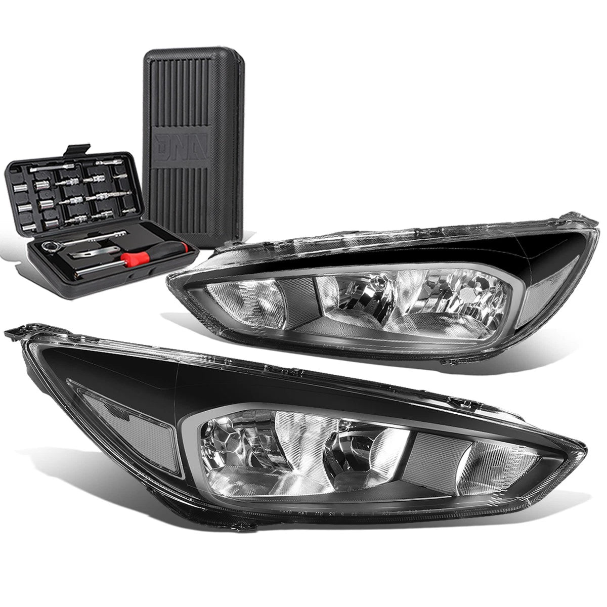 Pair of Black/Clear Signal Headlight Lamps for Ford Focus (2015–2018)