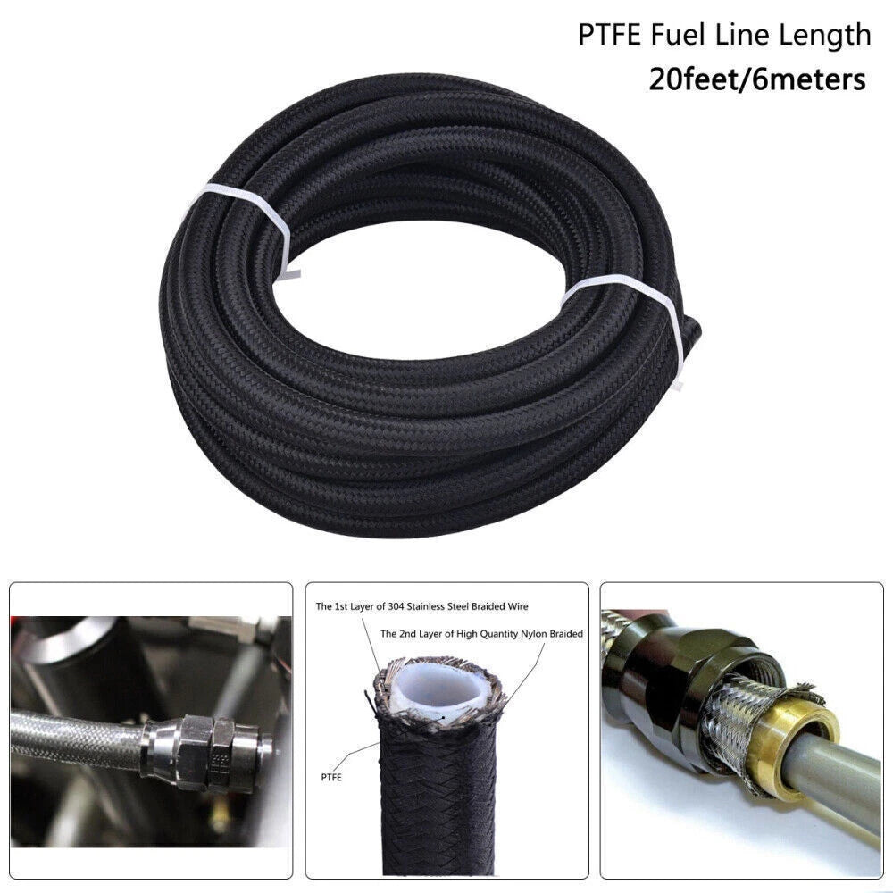20FT 6AN-8AN-10AN Black Nylon E85 PTFE Fuel Line Hose Kit with 14 Fittings