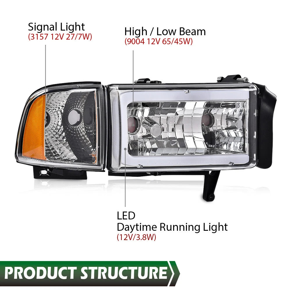Chrome LED Tube Headlights for Dodge Ram 1500 2500 3500 (1994–2002)