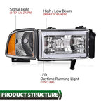 Chrome LED Tube Headlights for Dodge Ram 1500 2500 3500 (1994–2002)