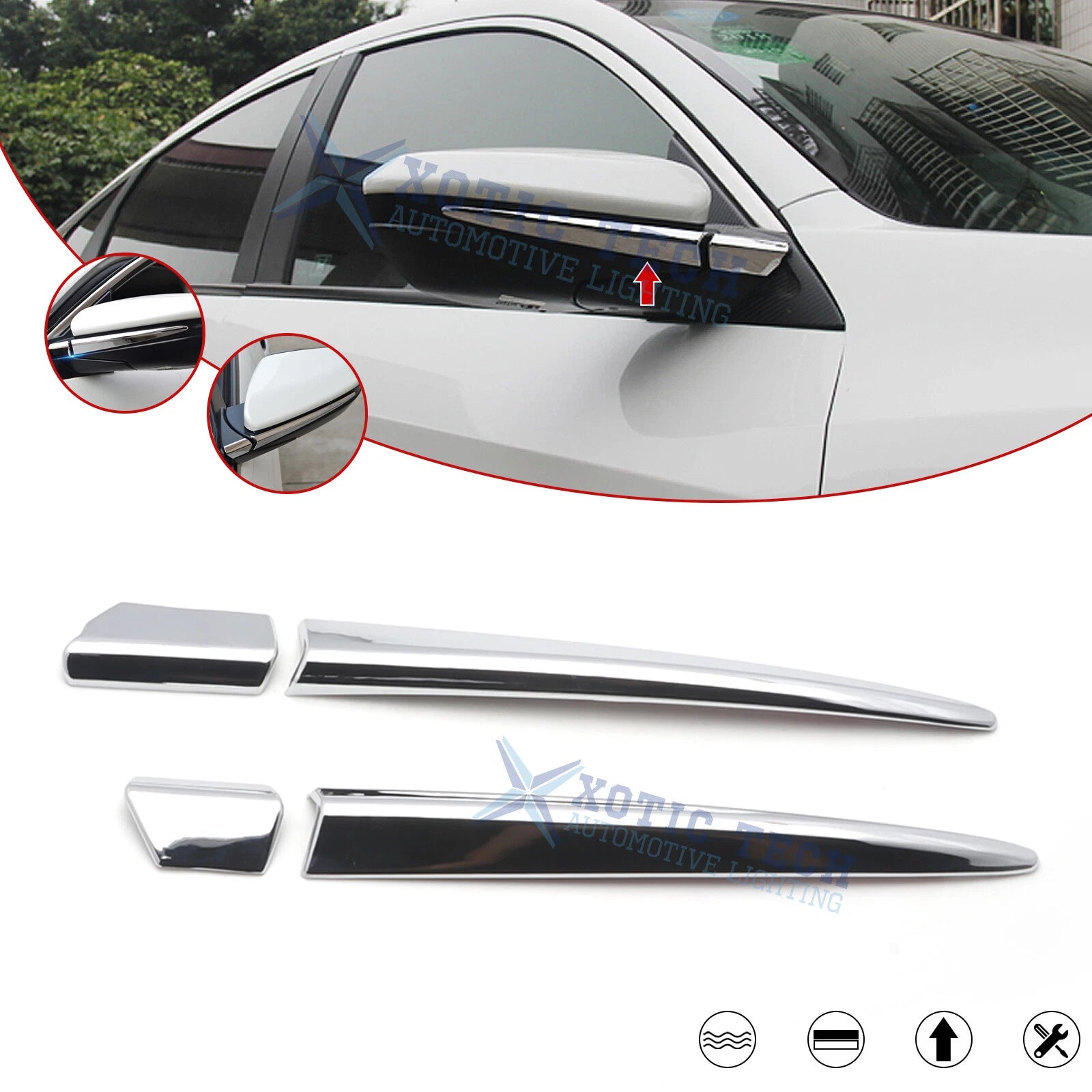 Chrome ABS Exterior Mirror Rear View Strip Moulding for Honda Civic (2016–2021)