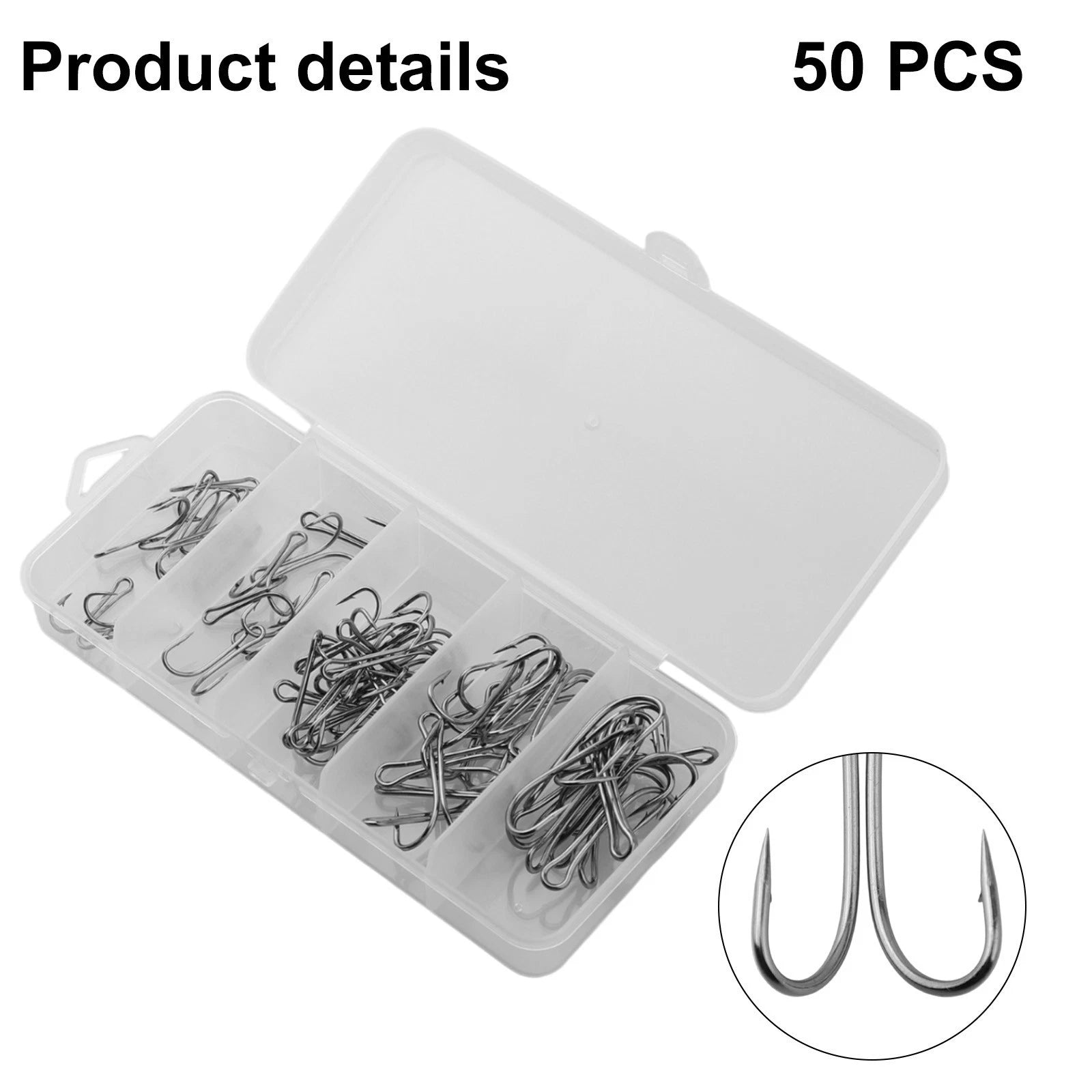 50pcs Dual Fishing Hooks Set with Box - 5 Sizes, Sharpened