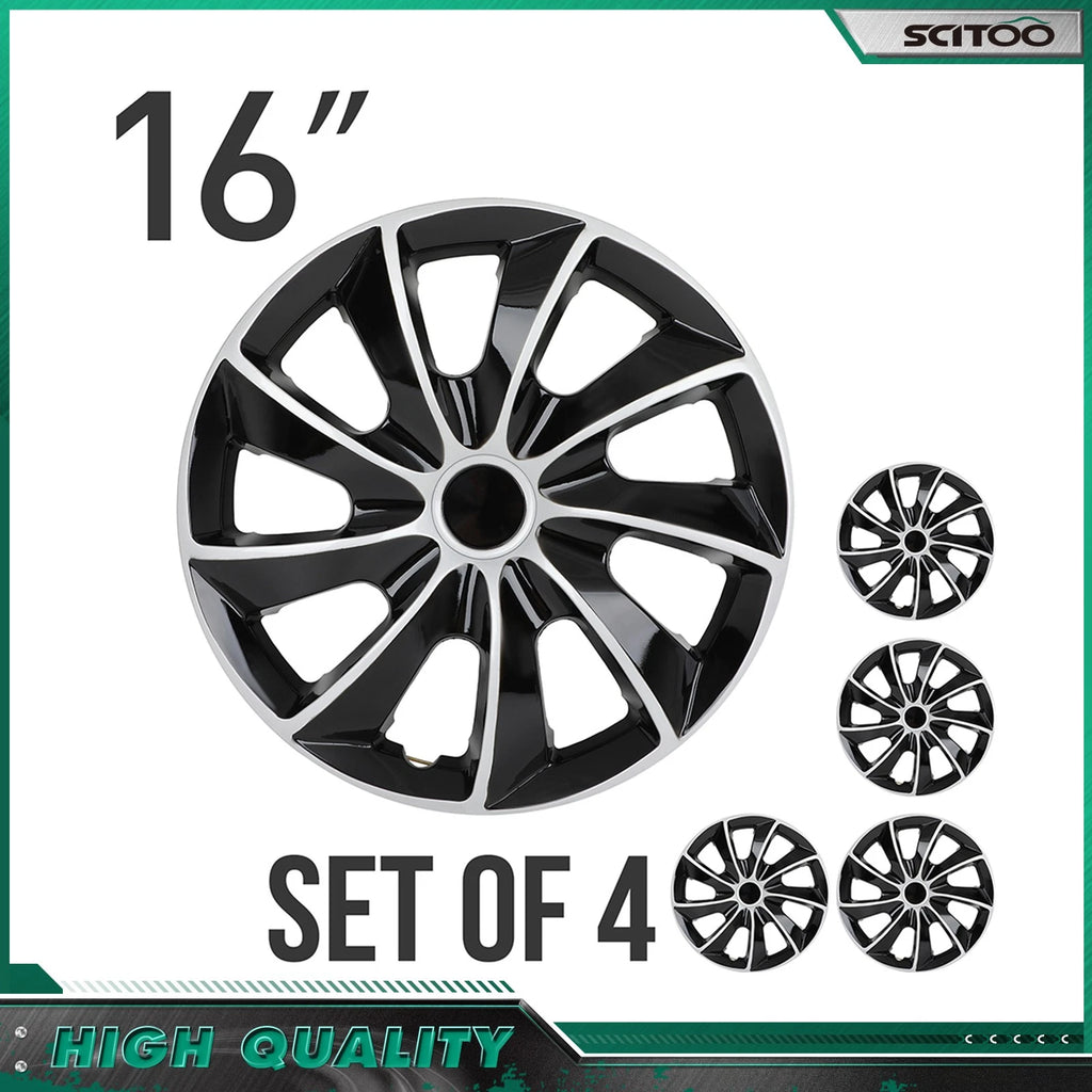 Set of 4 Wheel Hub Caps for Universal Vehicles (16", Black & Silver)
