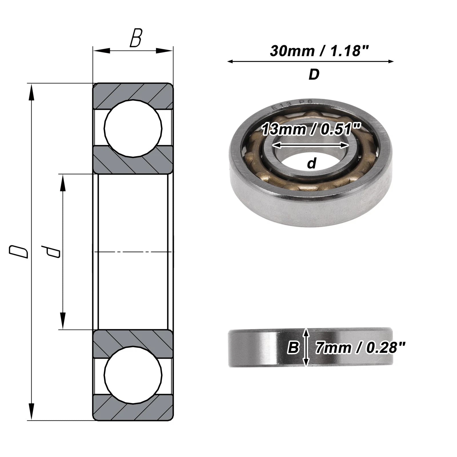 E13 Deep Groove Ball Bearings for Scooter Skateboard Wheel (13x30x7mm)