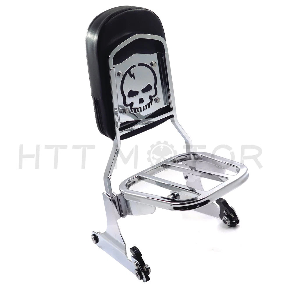 Chrome Skull Detachable Sissy Bar Backrest & Luggage Rack for Harley Softail