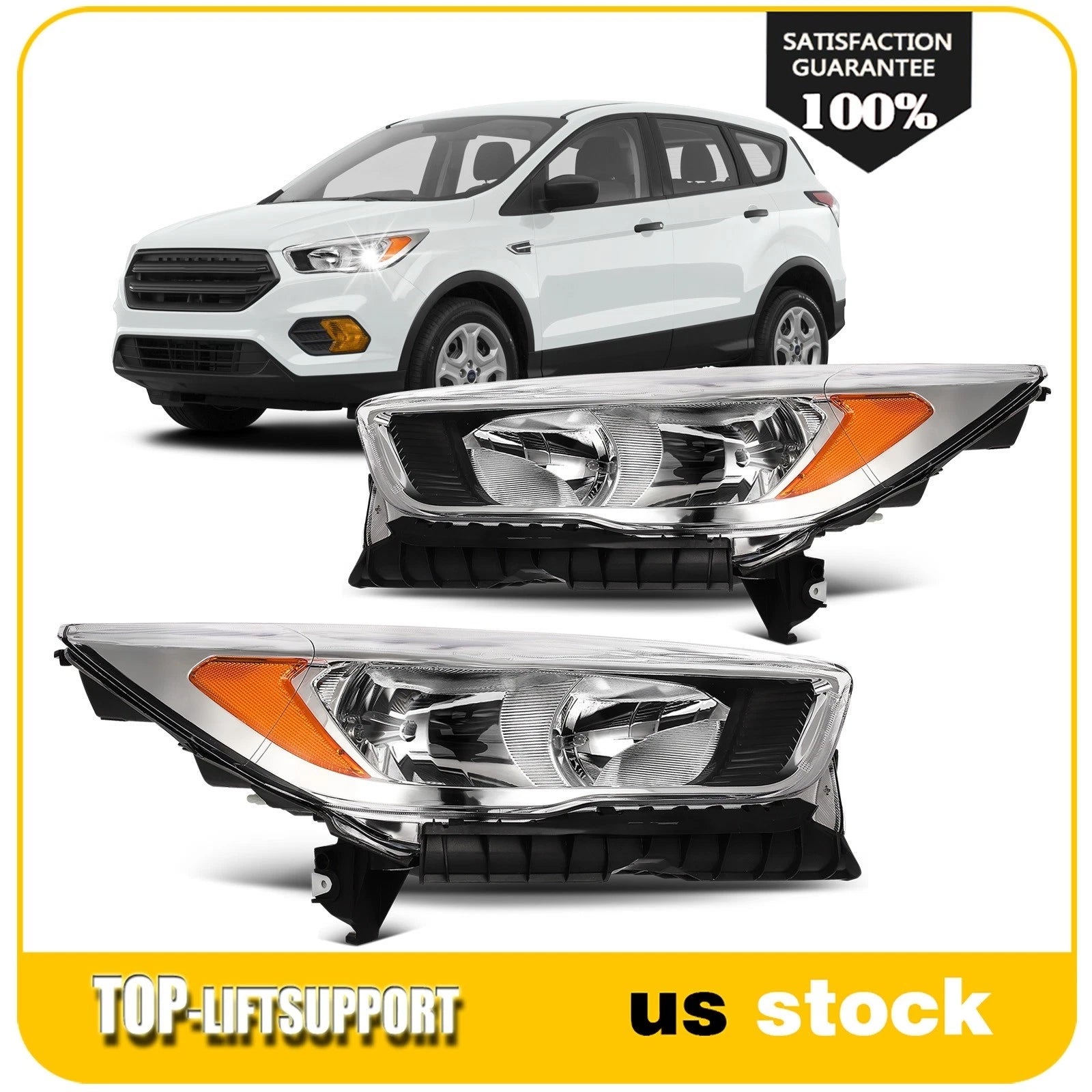 2Pcs Pair Front Headlights for Ford Escape (2017–2019) Chrome Amber