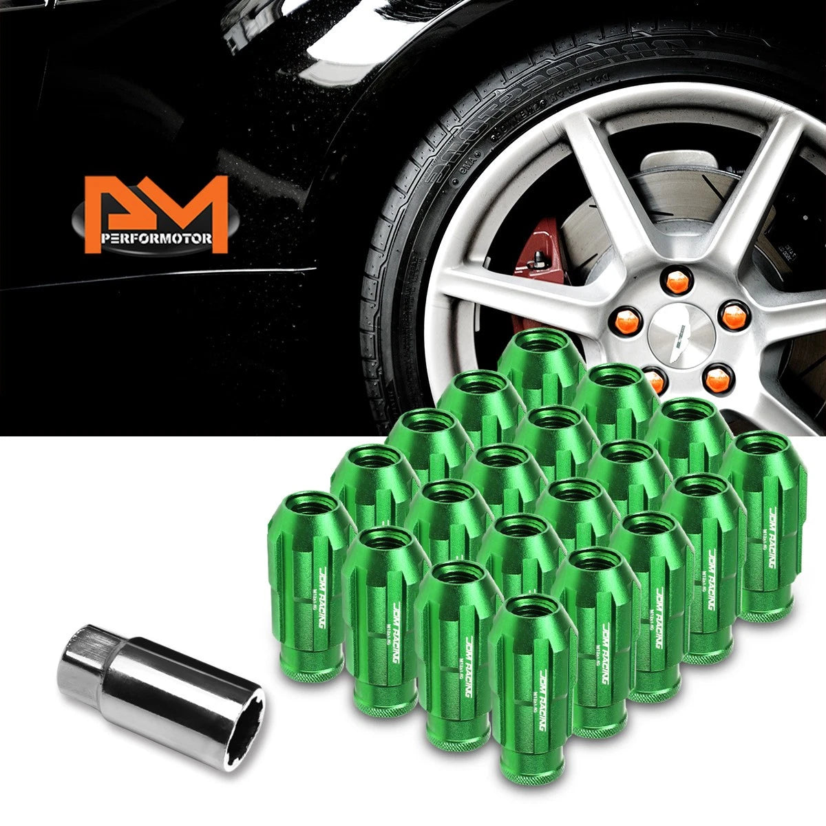 20Pc M12X1.5 Green JDM Open End Bulge Spline Wheel Lug Nuts + Lock Key
