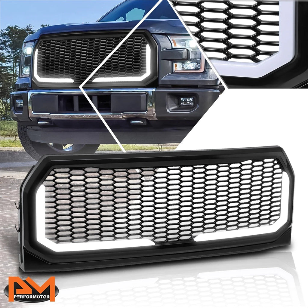 Honeycomb Mesh ABS Front Bumper Grille Frame w/LED Light Bar for Ford F150 (2015–2017)