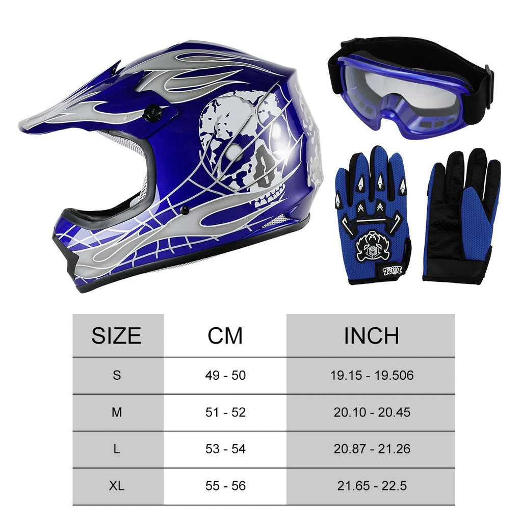 DOT Youth Blue Skull Helmet Goggles Gloves Set for Dirt Bike ATV (S/M/L/XL)