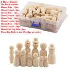 55 Pcs Unpainted Wooden Peg Dolls Creative Figures with Box (35-65mm)